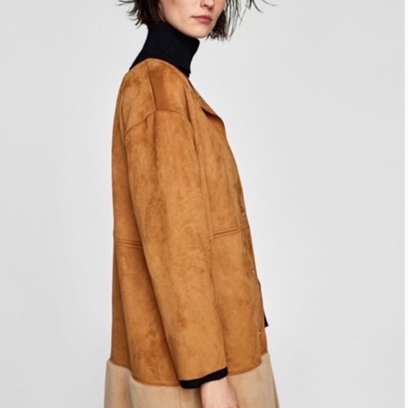 Zara Longline Oversized Faux Suede Sherpa Cognac Camel Jacket - Picture 3 of 15